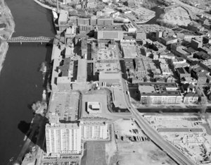 Close up, Merrimack River on left, from River Place apartments to Massachusetts Mills