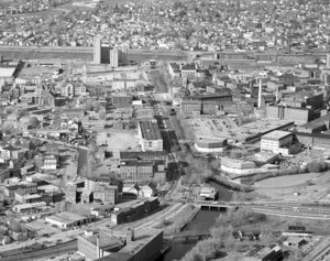 Looking across Lord Overpass, up Dutton Street to River and Centralville