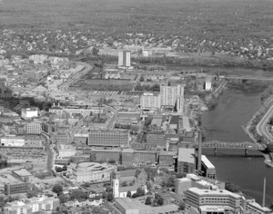 Looking west from Christ Church United and Saints Memorial Hospital over Downtown and Pawtucketville