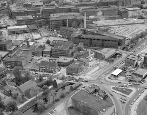 Close up of Downtown looking south from edge of high school and St. Anne's