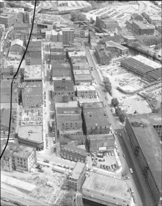 Close up of downtown looking east over Middle and Market Streets