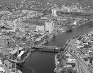 Looking west from over Downtown along Merrimack River from Massachusetts Mills