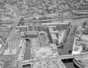 Close up of Federal Building (Middlesex Community College), Massachusetts Mills, looking over Merimack River to Centralville