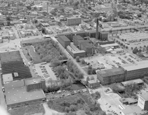 Close up of Suffolk (Wannalancit Mill) and across Father Morissette Blvd.