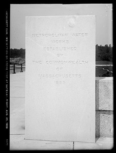 Wachusett Dam, inscription on stone post at gateway, right, Clinton, Mass., Aug. 25, 1909