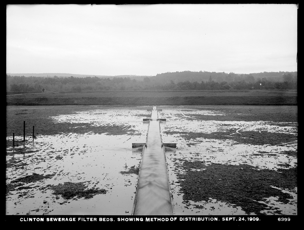 Wachusett Department, Clinton Sewerage filter-beds, showing method of distribution, Clinton, Mass., Sep. 24, 1909