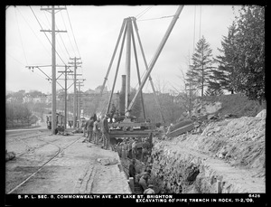 Distribution Department, supply pipe lines, Section 8, Commonwealth Avenue at Lake Street, excavating 60-inch pipe trench in rock, Brighton, Mass., Nov. 2, 1909