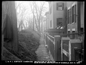 Distribution Department, Low Service Pipe Lines, Austin Street, relocation of 48-inch water main, showing obstruction of sidewalk, Cambridge, Mass., Nov. 18, 1909