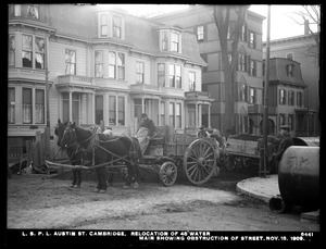 Distribution Department, Low Service Pipe Lines, Austin Street, relocation of 48-inch water main, showing obstruction of street, Cambridge, Mass., Nov. 18, 1909