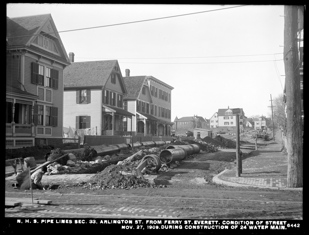 Distribution Department, Northern High Service Pipe Lines, Section 33, Arlington from Ferry Street, condition of street during construction of 24-inch water main, Everett, Mass., Nov. 27, 1909