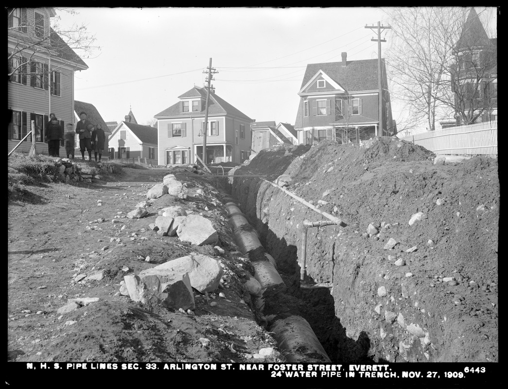 Distribution Department, Northern High Service Pipe Lines, Section 33, Arlington Street near Foster Street, 24-inch water pipe in trench, Everett, Mass., Nov. 27, 1909