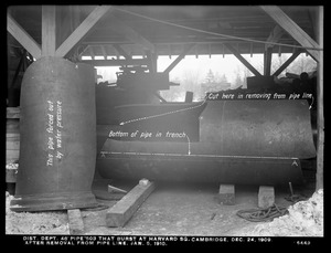 Distribution Department, break, 48-inch pipe No. 503 that burst on December 24, 1909 at Harvard Square, after removal from pipe line, Cambridge, Mass., Jan. 5, 1910
