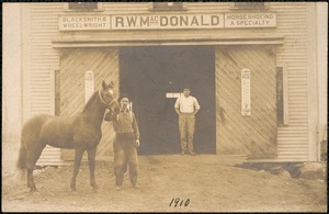 R.W. MacDonald, blacksmith & wheelwright, horse shoeing a specialty