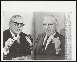 Campaign Exchange--Two United Steelworkers officials -- President David J. McDonald, left, and Secretary-Treasurer I.W. Abel -- gesture while making statements at separate news conferences today in their battle for the presidency of the million-member union. The union election is Feb. 9.