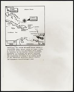 Storm Reported Below Gemini 5 Splashdown Area- Betsy, arrow at lower right, a tropical storm with attendant high winds, is reported by the Weather Bureau currently northeast of Trinidad and moving westward but it is not expected to be a problem for the splashdown of Gemini 5 on Sunday north of the Dominican Republic, symbol center.