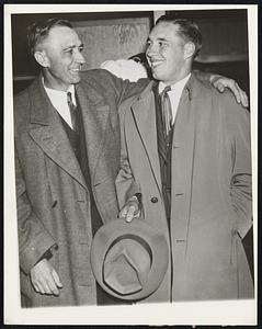 'Well Done' My Son Proud father was William Feller (left) of Van Meter, Ia., as he congratulated his strapping 21-year-old son, Bob, just after the young Cleveland pitcher opened the 1940 baseball campaign with a no-hit, no-run triumph over the White Sox in Chicago April 16. Father and son are shown leaving the park after the game, which Cleveland won by a single run, 1-0.