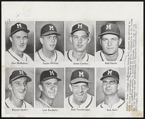 Don McMahon, Taylor Phillips, Gene Conley, Bob Hazle, Warren Spahn, Lew Burdette, Bob Trowbridge, Bob Buhl. These closeups of Milwaukee Braves ball players are serviced as World Series preparedness. There will be other transmissions on the Braves as wire conditions permit, to provide 24 closeups. Similar copy on the New York Yankees has been transmitted.