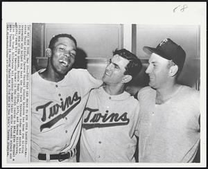 Trio That Led Twins to Win Over Yankees -- Minnesota Twins pitcher Carmen Pascual stands between two home run hitting teammates who helped him beat the New York Yankees today and notch his fifth win of the season. Rookie Tony Oliva, left, and Harmon Killebrew, right, each hit a two-run homer in the first inning to help give Pascual a five run lead. Killebrew hit another homer later while Pascual struck out nine Yankees in leading Twins to a 7-4 win in New York's Yankee Stadium.