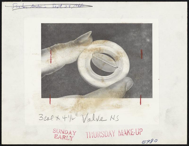 Artificial heart valve, employing airfoil design and jeweled bearings, is now undergoing development and experimental trials in animals at the National Heart Institute. The valve, constructed entirely of rigid parts, presents less resistance to forward flow than most valves and wears well.