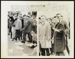 Some 50 person picketed on the Boston Common in front of the State House 4/9 in behalf of Buddhists in Vietnam. In left photo, spectator (upper L) tears up fliers that were accidently dropped by pickets and (right photo) a spectator sets fire to some. One man was injured by spectators following the demonstration.