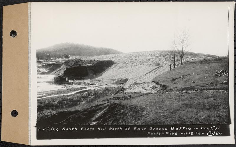 Contract No. 51, East Branch Baffle, Site of Quabbin Reservoir, Greenwich, Hardwick, looking south from hill north of east branch baffle, Hardwick, Mass., Nov. 18, 1936