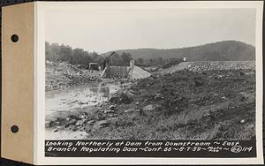 Contract No. 66, Regulating Dams, Middle Branch (New Salem), and East Branch of the Swift River, Hardwick and Petersham (formerly Dana), looking northerly at dam from downstream, east branch regulating dam, Hardwick, Mass., Aug. 7, 1939