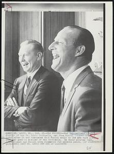 Old Friends -- Red Schoendienst (left) manager of the St. Louis Cardinals, and Stan Musial (right) laugh today after it was announced that Musial would be the new vice president and general manager of the Cardinals. In their playing days, Schoendienst and Musial were roommates for several years.