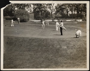 Villages of Newton, MA. West Newton. Brae Burn Country Club, 18th green with tennis courts in background