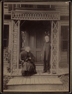 Samuel Francis Smith (author of "America") and his wife on porch of their home, Centre St. at Tyler Terrace. Home was destroyed by fire in 1969