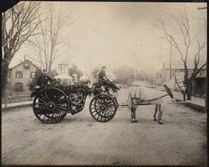 Horse-driven fire engine. Newton Corner, Newton, MA