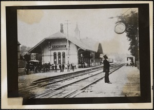 Railroad station, men, carriage. Newton Corner, Newton, MA