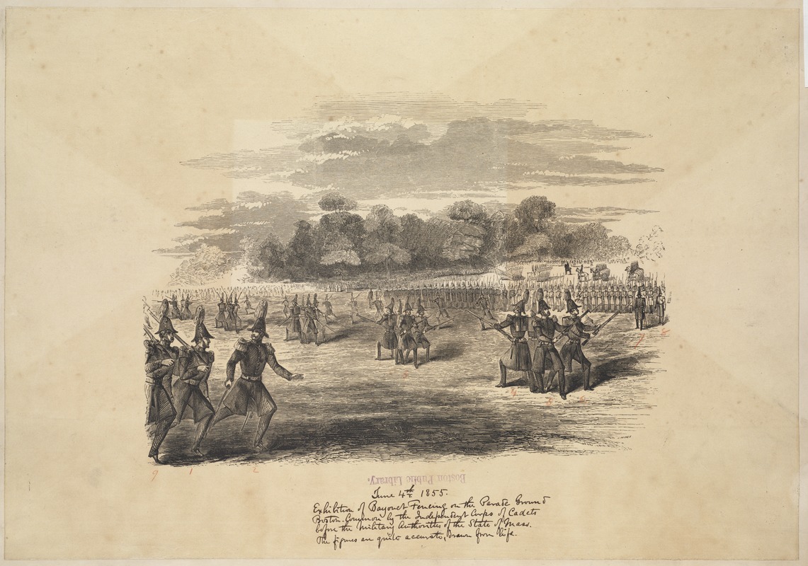 Exhibition of bayonet fencing on the parade ground, Boston Common, by the independent corps of cadets before the military authorities of the State of Massachusetts. The figures are quite accurate, drawn from life. Compromise of 1850 to Fort Sumter