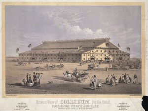 Exterior view of coliseum for the Grand National Peace Jubilee. Boston Mass. June 15-16-17-18-19th, 1869