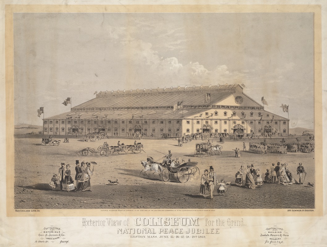 Exterior view of coliseum for the Grand National Peace Jubilee. Boston Mass. June 15-16-17-18-19th, 1869