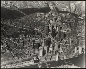 Aerial view of Boston's financial district looking toward the Charles River