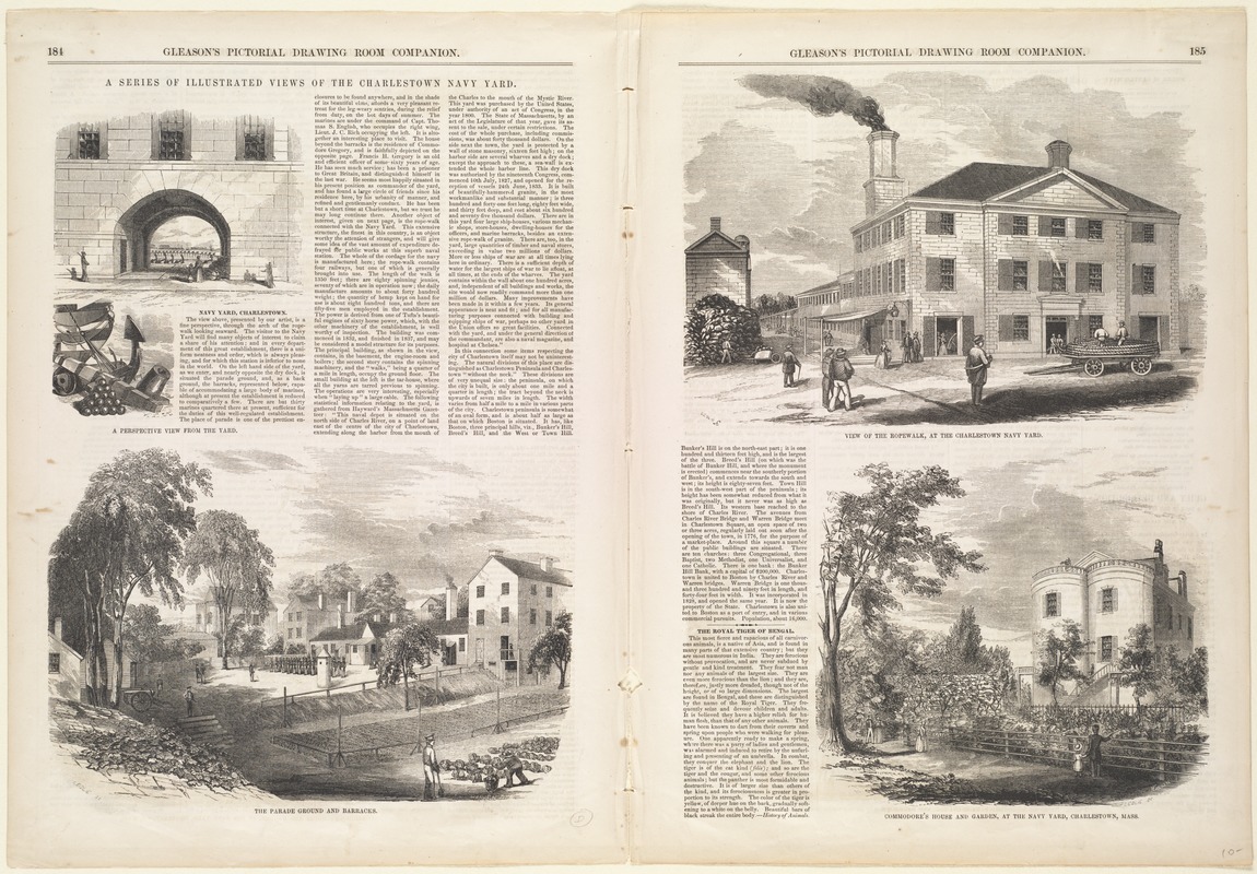 A series of illustrated views of the Charlestown Navy Yard