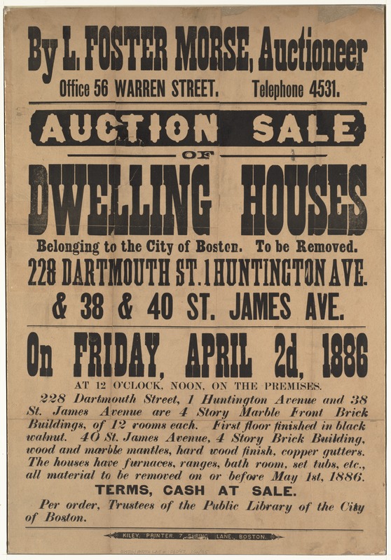 Broadside advertising an auction of soon-to-be-removed dwelling houses belonging to the City of Boston