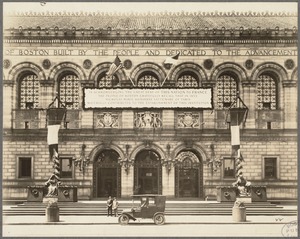 Boston Public Library, Copley Square. Facade, decorated in honor of Nicholas Marie Alexandre Vattemare