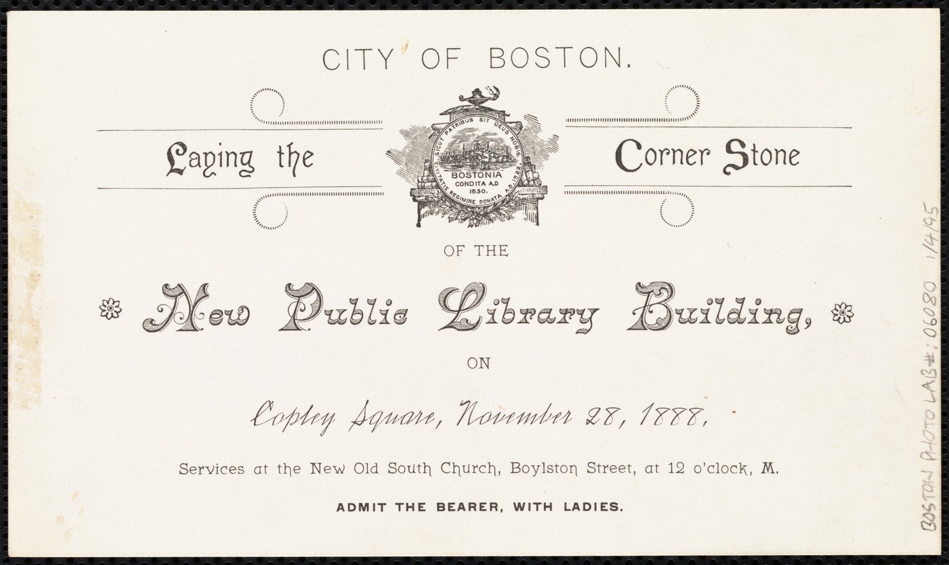 City of Boston. Laying the corner stone of the new public library building, on Copley Square, November 28, 1888