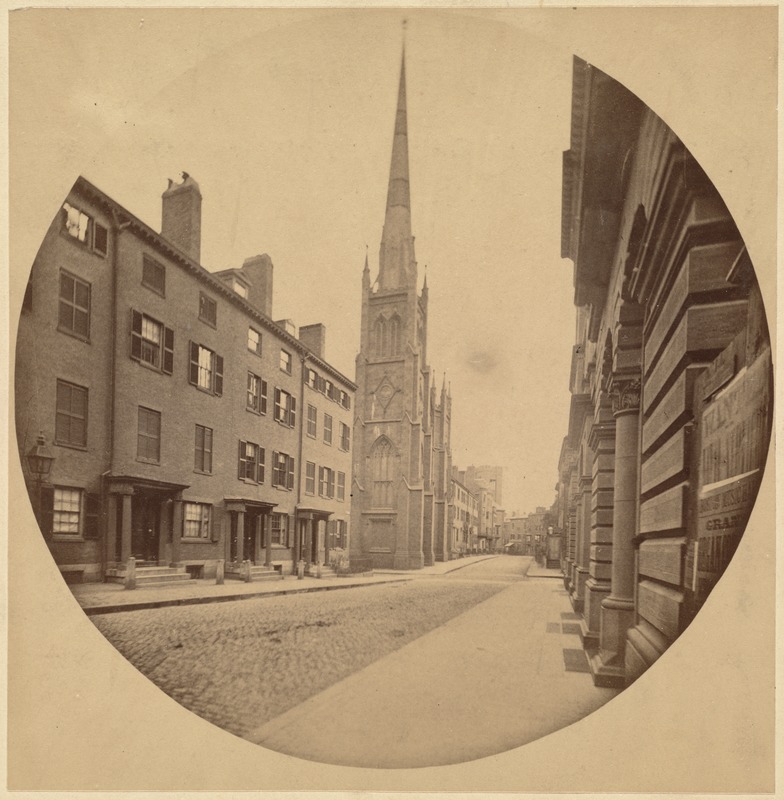 East side of Chauncey Place, 1860. From Mechanics Building. Showing Rowe St. Baptist Church