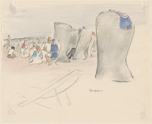 Group on beach with shelters. Sketch of chair in foreground