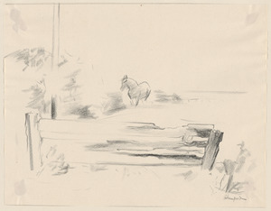 Outline of horse in background with fence in foreground