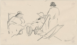 Three women in group. Two seated in beach chairs, third walking away