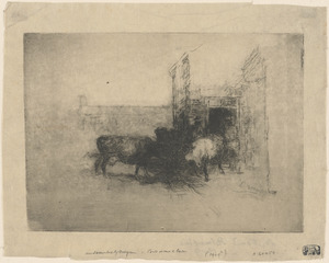 Title unrecorded (three cows and two men near a barn door)