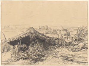 A desert landscape with an encampment and camels
