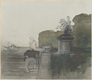 View of stooped figure climbing stairs with a statue nearby