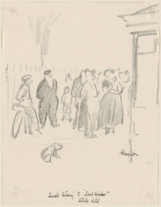 Locals listening to "loud speaker" outside hotel