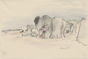 Beach scene. Man seated in shelter with child and cart