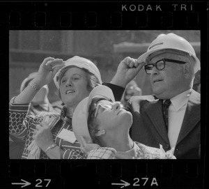 Spectators with hard hats seen at the "topping off" of the new John Hancock Tower