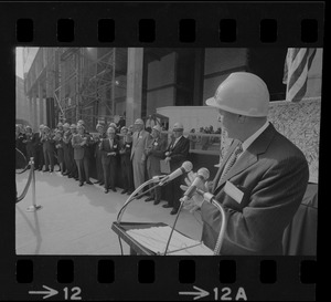 Gerhard D. Bleicken, Chairman and CEO of the John Hancock Mutual Life Insurance Company speaking at the "topping off" ceremony for the new tower